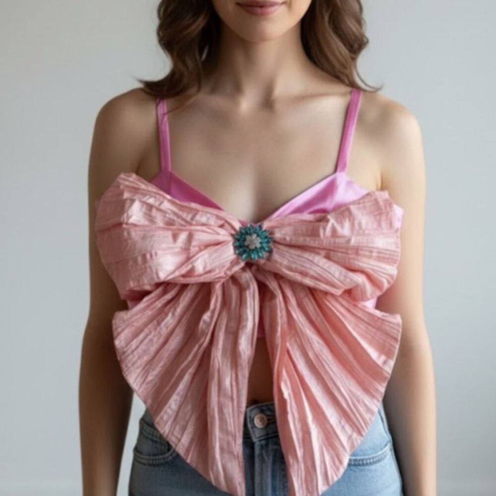 LoveShackFancy Pink Vima Crop Top Like New 0 New Year Party Love Shack Fancy Bow
